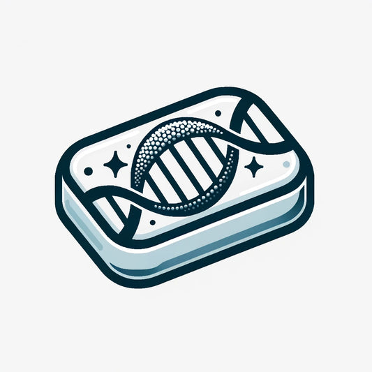 A symbol merging a bar of soap with a dna strand