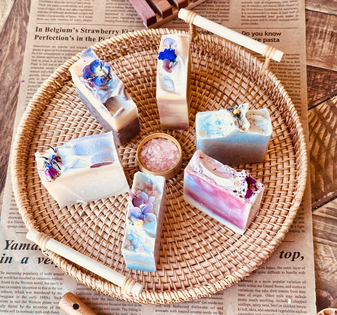 Six bars of Blnded Bliss soap artfully displayed in a basket