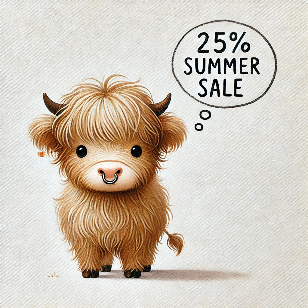 Promotional image featuring a highland cow with a thought bubble reading, "25% Summer Sale"