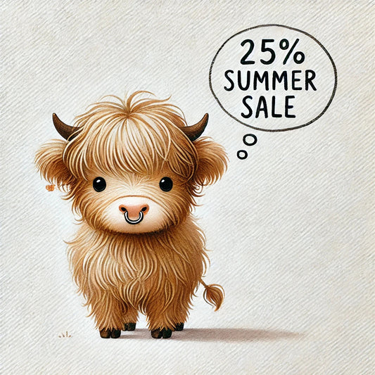 Promotional image featuring a highland cow with a thought bubble reading, "25% Summer Sale"