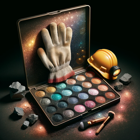 Makeup set with a contruction helmet and glove, symbolizing child labor in the makeup industry