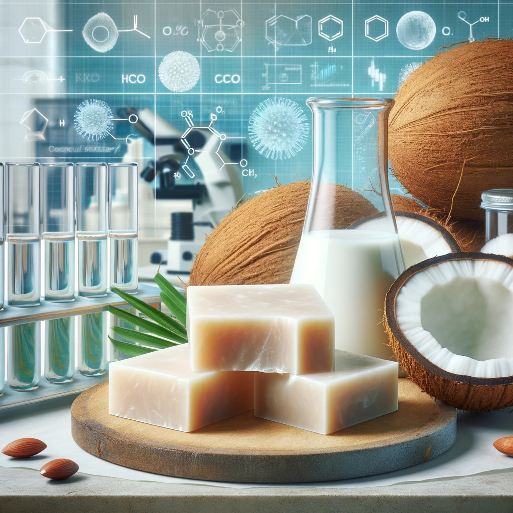 Coconuts, soap, and beaker on a tray
