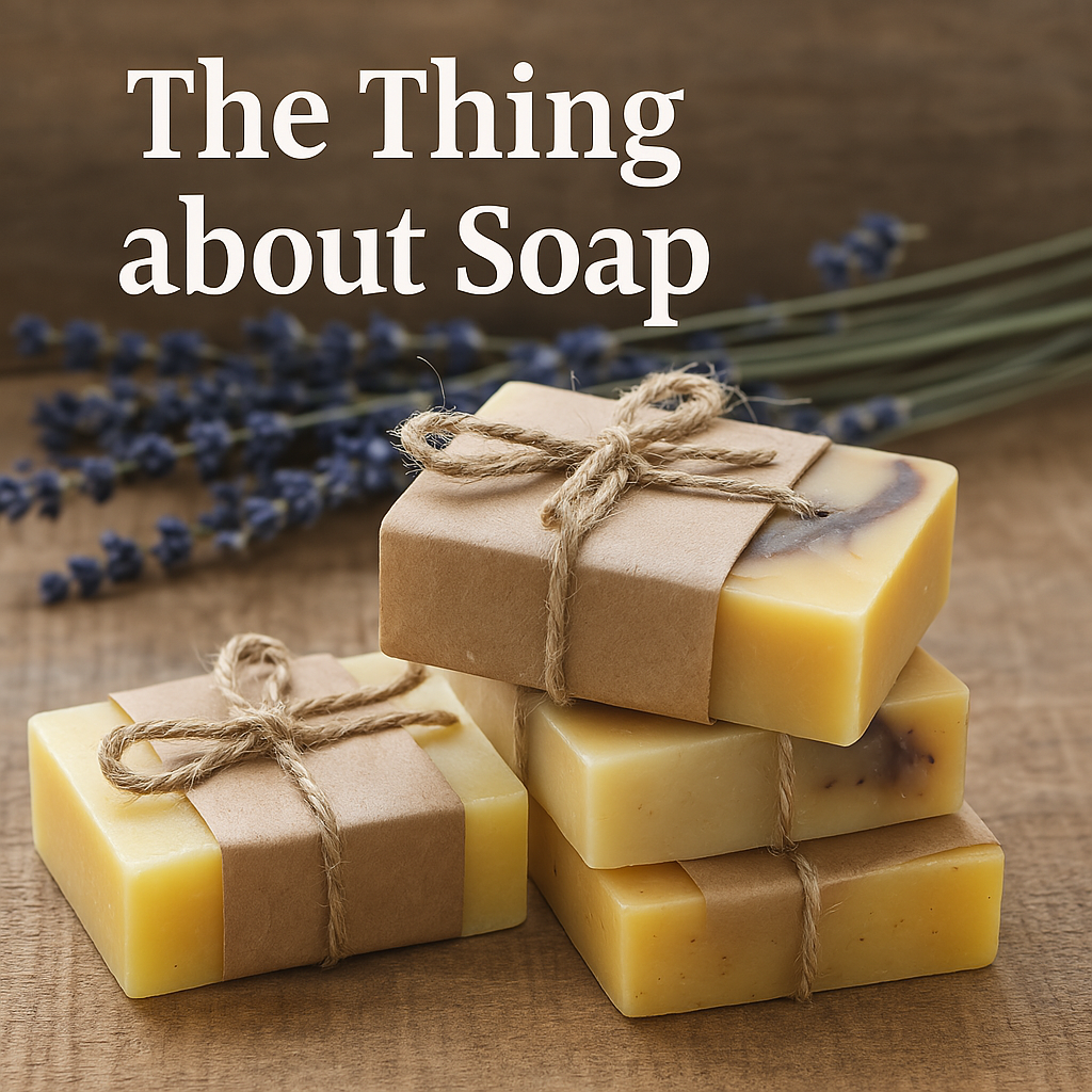 Stack of three handmade soap bars wrapped in kraft paper and tied with twine, resting on a wooden surface with dried lavender in the background.