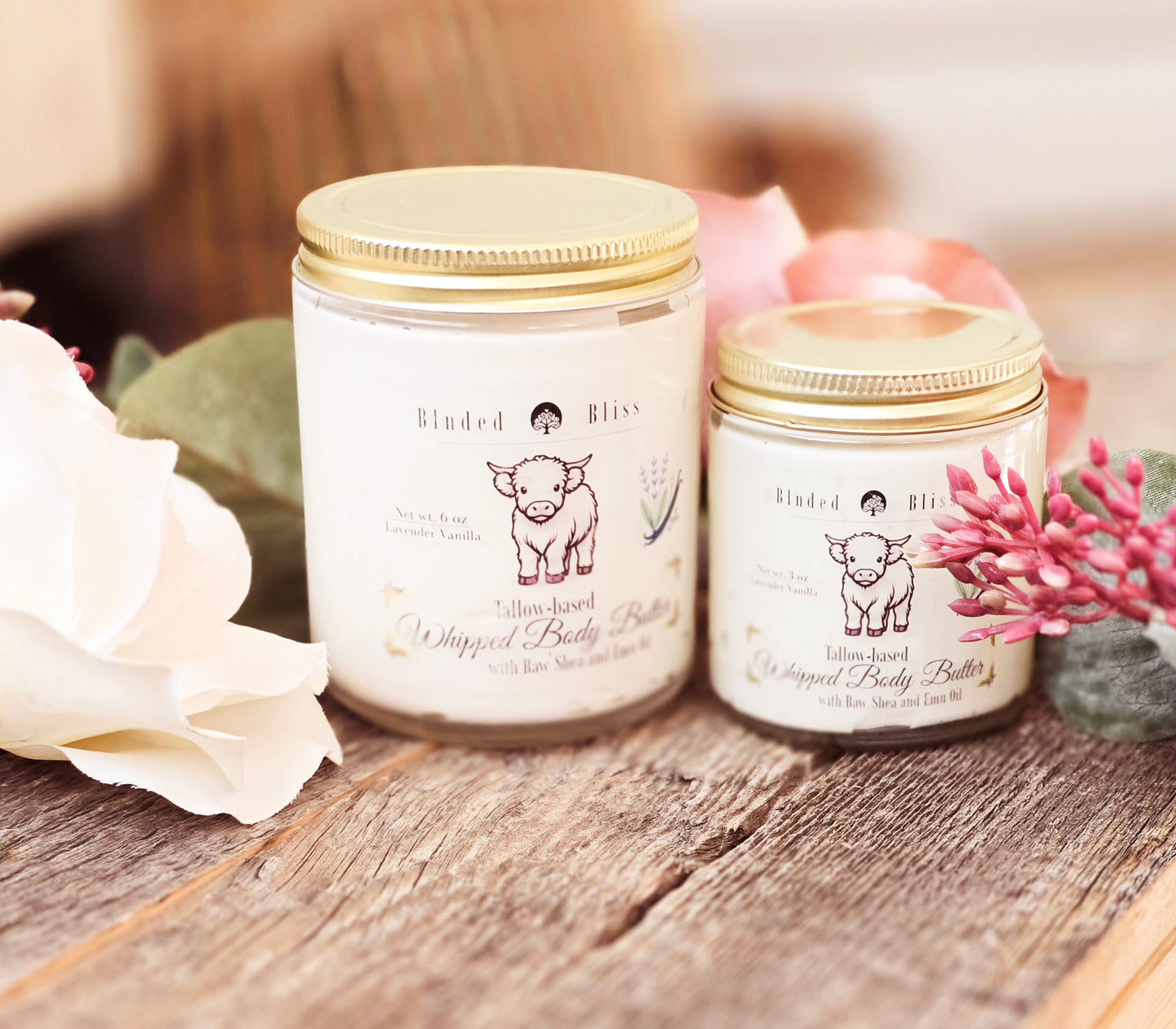 Blnded Bliss Lavender Vanilla Whipped Tallow Body Butter – Farm-inspired design honoring nature, handcrafted with nourishing ingredients for soft, hydrated skin.