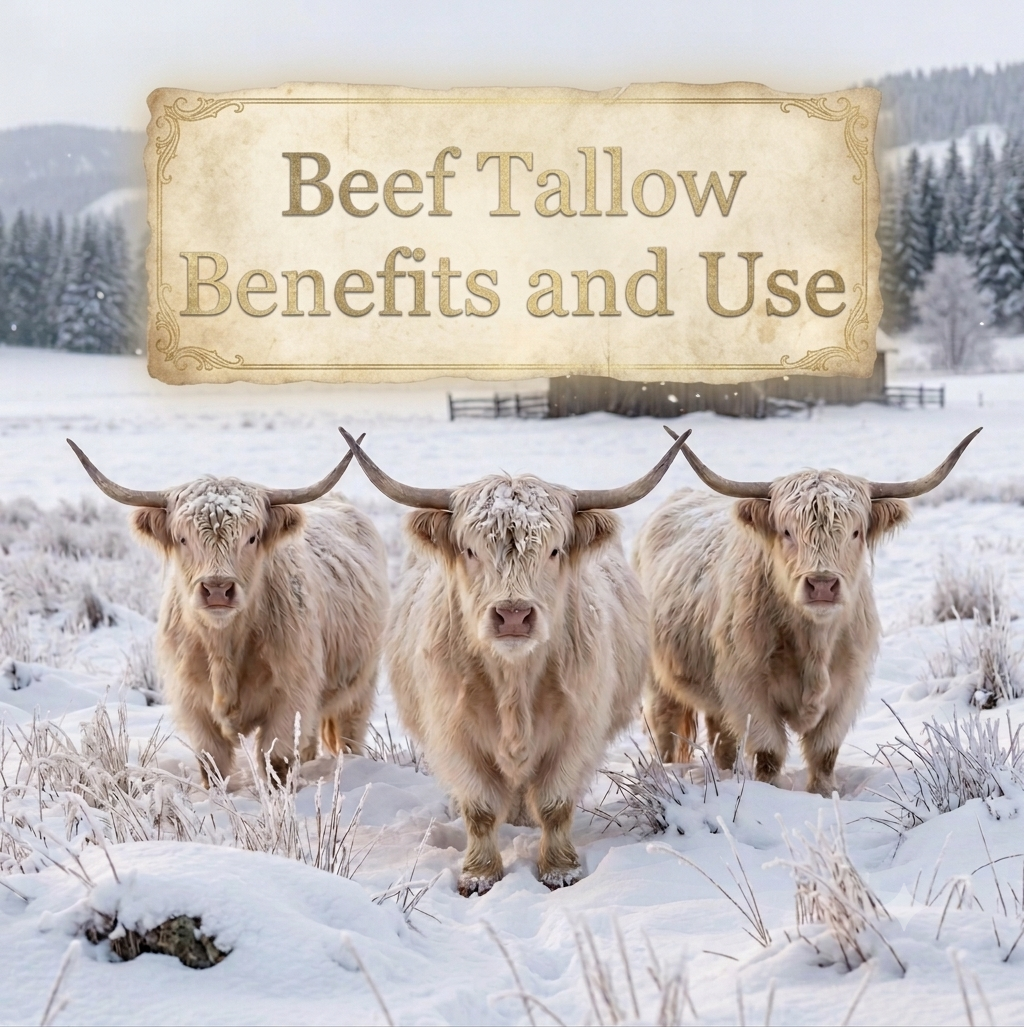 Photo of three highland cows in a field with text above them that reads "Beef Tallow Benefits and Use"