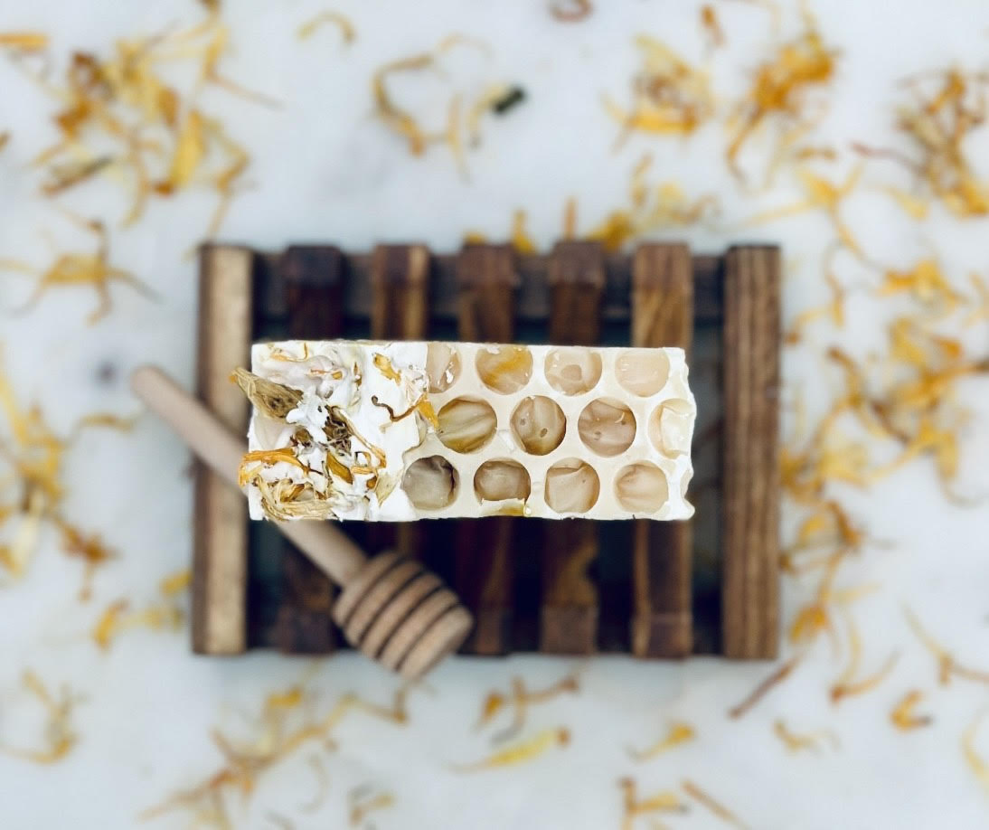 Single bar of Blnded Bliss all natural tallow based lemongrass soap - Top view showcasing the honeycomb design.