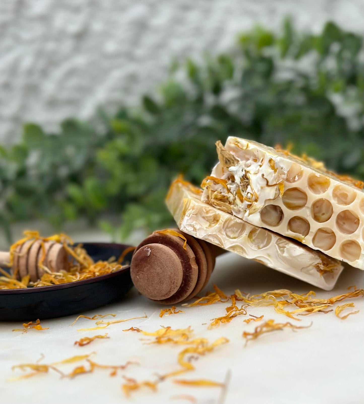 Blnded bliss all natural tallow based lemongrass soap - Top view showcasing the honeycomb design.