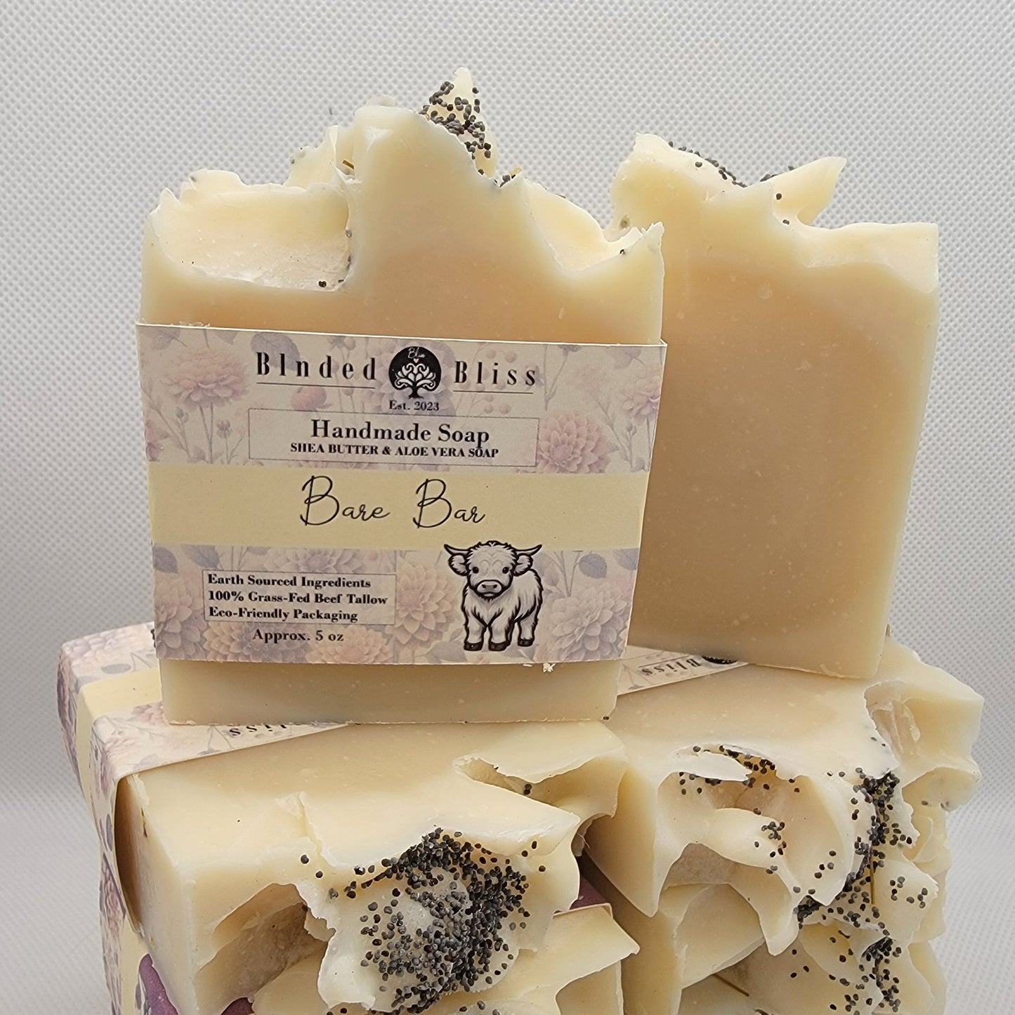 Several bars of Blnded Bliss's Bare bar soap.