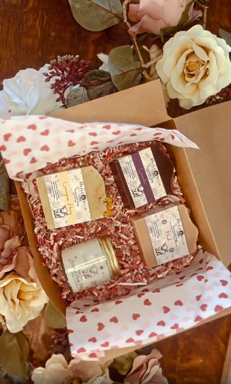 Boxing video showcasing the packaging of a Valentine's Day gift set with handmade soaps, body butter, and elegant packaging.