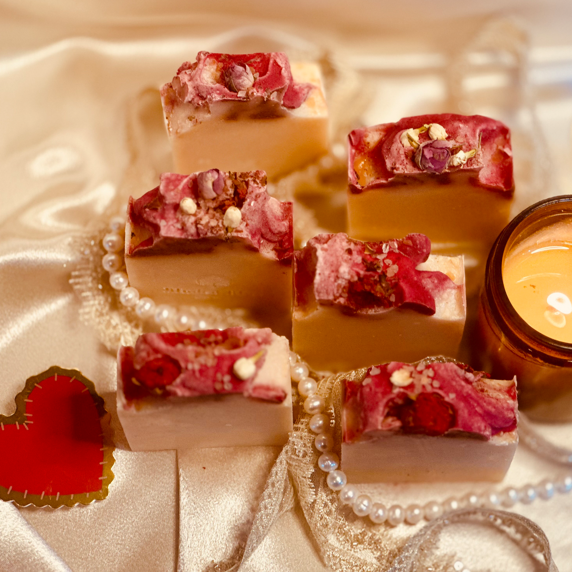 Twitterpated soap bars, a cluster of 6 strung together by some pearls